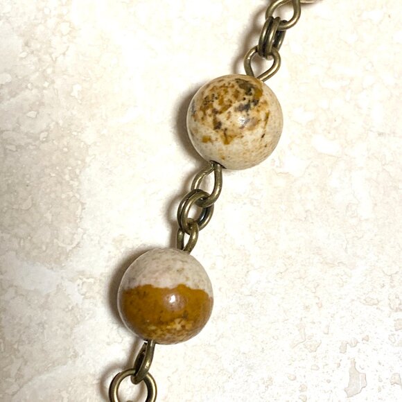 Genuine Yellow Picture Jasper Short Necklace, Bronze Round Mushroom + Gemstone - Picture 9 of 15